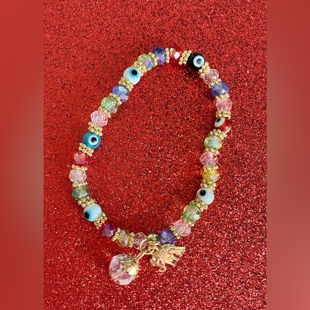 Evil eye Beaded elephant Charm Bracelet. glass beads Red blue clear pink boho